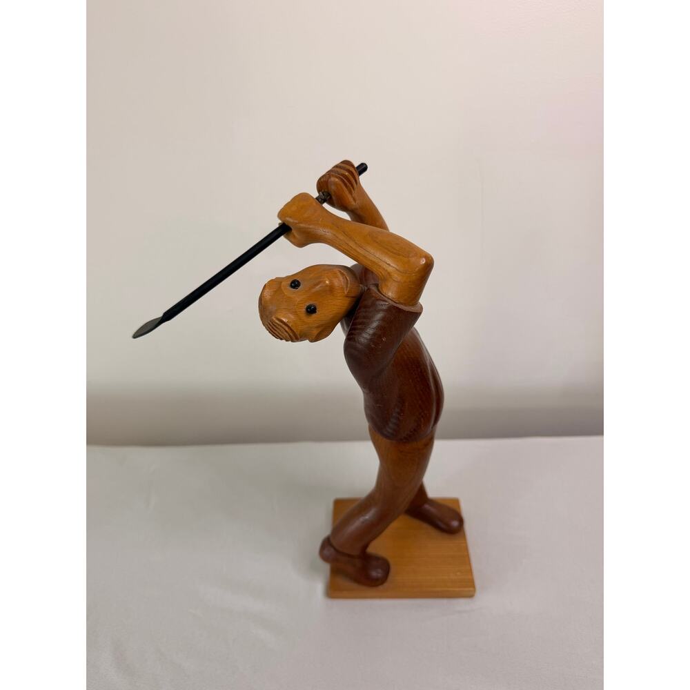 Vintage Hand Carved Wooden Golfer Sculpture Golf Swing Figure Statue 13